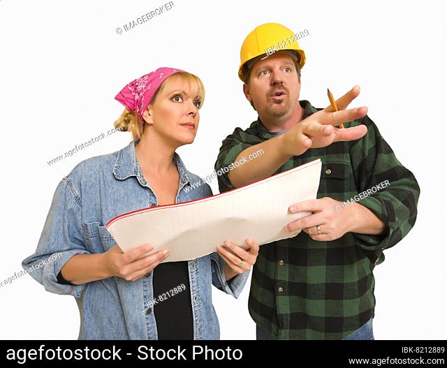 Male contractor in hard hat discussing plans with woman isolated on A white background
