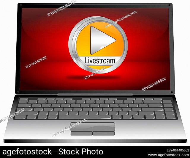 Laptop computer with orange Livestream Button on red desktop - 3D illustration