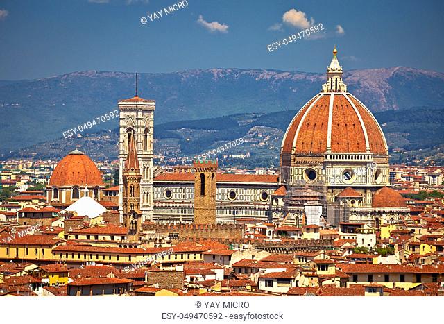 Florence rooftops and cathedral di Santa Maria del Fiore or Duomo view, Tuscany region of Italy
