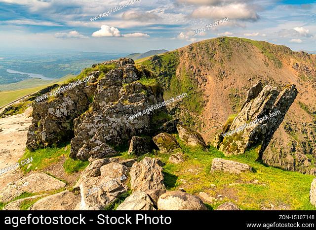 View from Mount Snowdon, Snowdonia, Gwynedd, Wales, UK - looking north at Garnedd Ugain and Llyn Peris