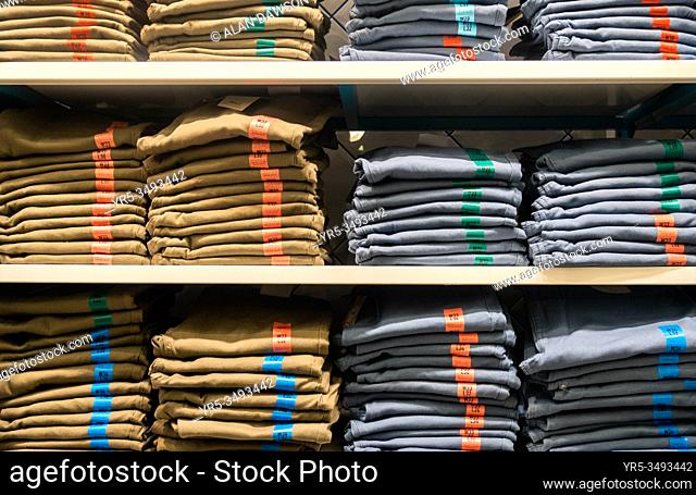 Denim jeans in Primark store in England. United Kingdom