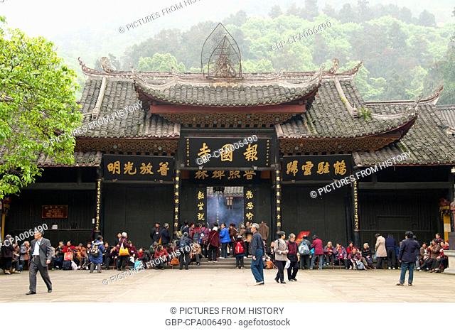 China: Entrance to Baoguo Si (Declare Nation Temple), at the foot of Emeishan (Mount Emei), Sichuan Province