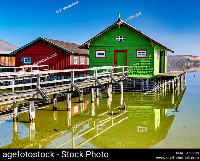 Colorful boathouses near Schondorf, Ammersee, Fünfseenland, Upper Bavaria, Bavaria, Germany, Europe