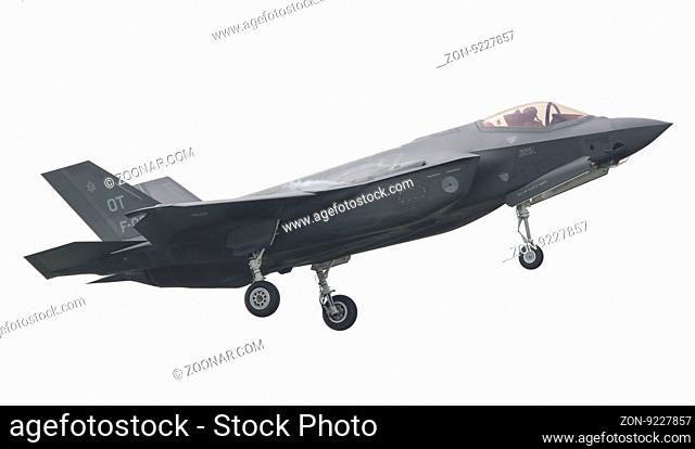 LEEUWARDEN, THE NETHERLANDS -MAY 26: F-35 fighter during it's first test in Europe on May 26, 2016 in Leeuwarden. It is the world's most advanced multi-role...
