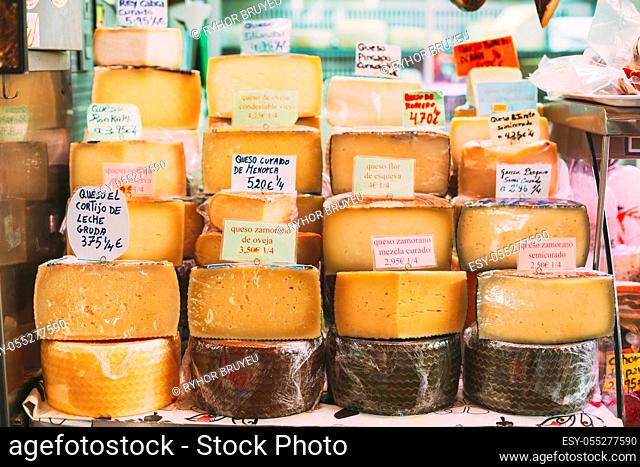 Spanish Cheeses With Price Tags On Local Farmers Grocery Market