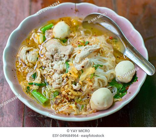 Tom Yum Noodle on Wooden Background, Asian Food, Thailand