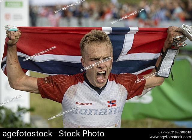 Kasper Fosser of Norway celebrates winning the long race at the World Orienteering Championships in Hermanky, Ceska Lipa region, Czech Republic, July 9, 2021