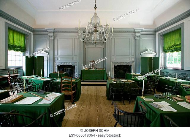 The Assembly Room where Declaration of Independence and U.S. Constitution were signed in Independence Hall, Philadelphia, Pennsylvania