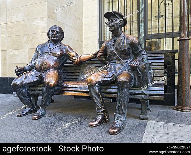 Bronze sculpture Postman and his friend chatting on a bench, Shavteli street, Tbilisi, Georgia