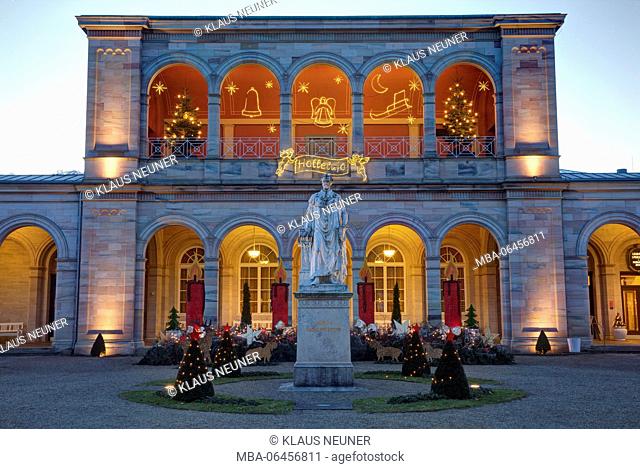 Arcade construction, Ludwig I, statue, blue hour, Christmas, Advent, Christmas decoration, Bad Kissingen Franconia, Bavaria, Germany, Europe