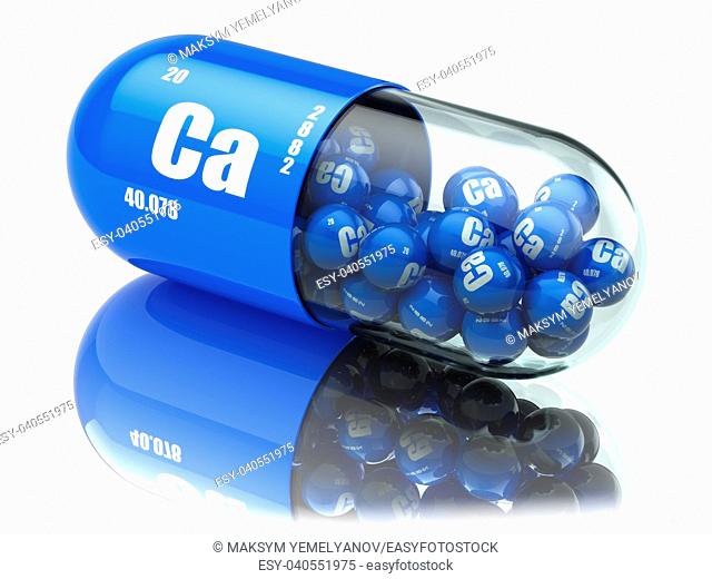 Pills with calcio CA element Dietary supplements. Vitamin capsules. 3d