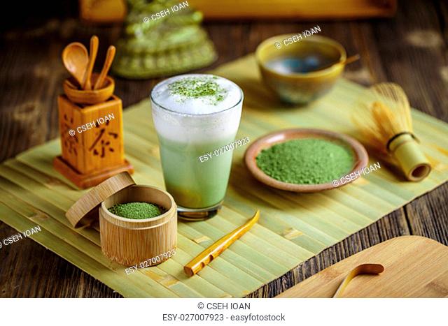 Japanese tea ceremony setting, Matcha green tea latte
