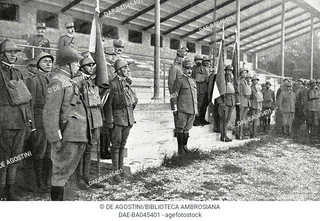 General Armando Diaz speaking to the soldiers, Battle of Piave, Italy, World War I, from l'Illustrazione Italiana, Year XLV, No 28, July 14, 1918