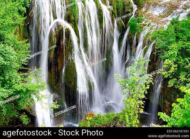 Beautiful waterfall in Slunj, Croatia during summer season. Travel destination in croatia, must visit concept