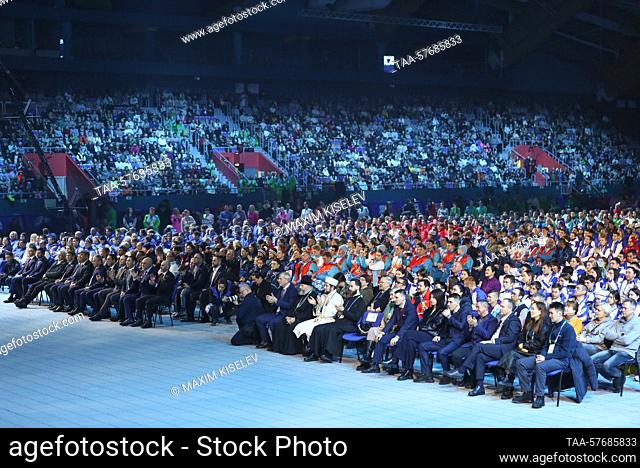 RUSSIA, KEMEROVO - MARCH 4, 2023: People attend the closing ceremony of the 2nd Winter Children of Asia International Sports Games at Kuzbass Ice Palace