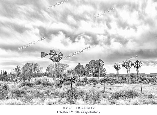Six water-pumping windmills and dams beteen Vosburg and Britstown in the Northern Cape Province. Monochrome