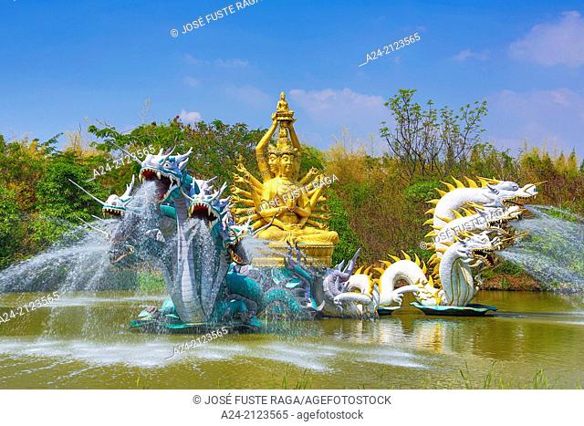 Thailand , Bangkok City, Ancient Siam Park , Bodhisattva Avalokitesavara fountain , performing a miracle