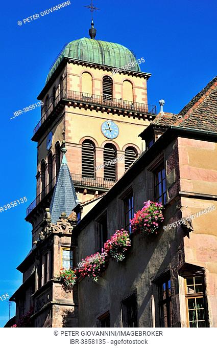 Bell tower of the Church of Sainte-Croix, Kaysersberg, Alsace, Haut-Rhin, France