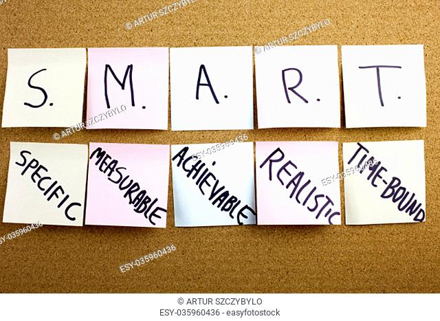 Phrase SMART in black ext on a sticky note pinned to a cork notice board specific, measurable, attainable, recorded, timely colorful sticky notes on cork...
