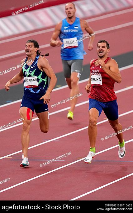 (L-r) Ilya Shkurenyov of the Russian Olympic Committee (ROC), Karel Tilga of Estonia and Jiri Sykora of Czech Republic compete in the decathlon at the 2020...