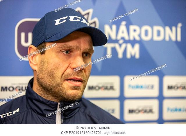 Head Coach Vaclav Varada speaks to journalists during a training session of the Czech men's national under 20 ice hockey team prior to the U20 Ice Hockey World...