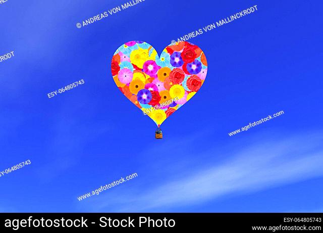 Hot Air Balloon in the blue sky, shaped like a heart, Graphicdesign