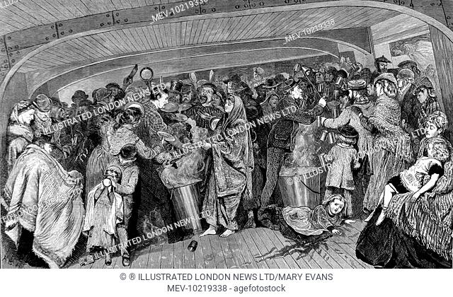 Engraving showing the chaotic and crowded scene below decks, as steerage passengers on an emigrant ship are given soup from steaming cauldrons, Atlantic Ocean