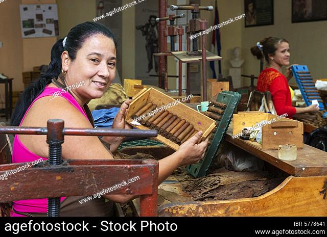 Worker shows cigars, cigar factory in Remedios, Cuba, Central America