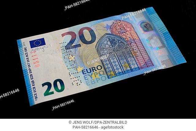 A prototype of the new 20 euro banknote in a Bundesbank branch in Magdeburg,  Germany, 06 May 2015. With three new characteristics - the portrait watermark