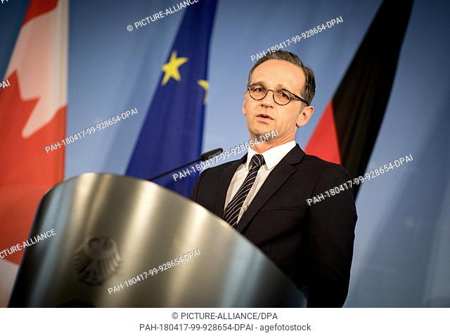 17 April 2018, Berlin, Germany: German Foreign Minister Heiko Maas of the Social Democratic Party (SPD), speaking to media representatives at a press conference...