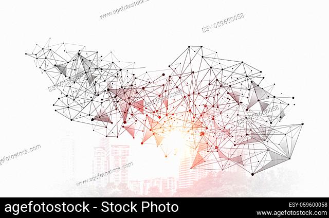 Abstract network with polygonal shapes on background of modern cityscape. Science research and innovation technology. Financial district and business center in...