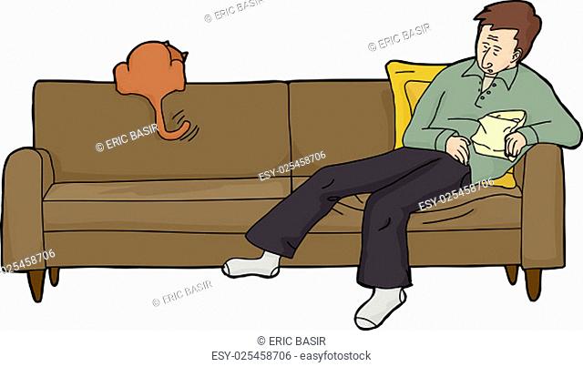 Isolated cartoon of tired adult with food and cat on couch