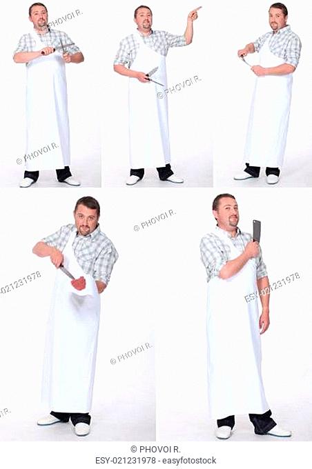 Pictures of a butcher on white background