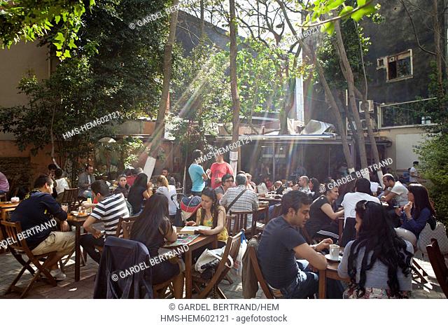 Turkey, Istanbul, Asian side, Kadikoy district, downtown, a coffee garden between the buildings