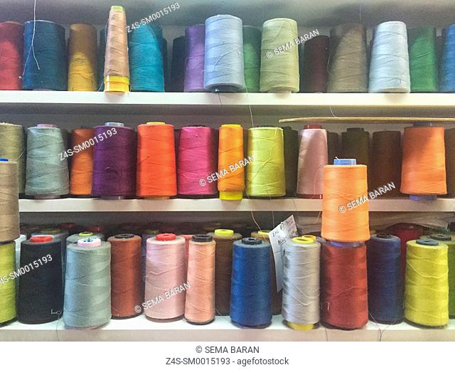 Colorful spools at the tailor shop