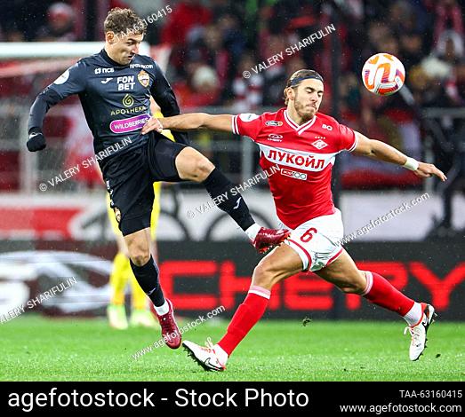 RUSSIA, MOSCOW - OCTOBER 8, 2023: CSKA Moscow's Fyodor Chalov (L) and Spartak Moscow's Srdan Babic in a 2023/2024 Russian Premier League Round 11 football match...