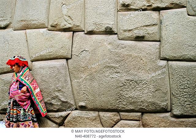 Incan wall of Archiepiscopate Palace. Cuzco. Peru
