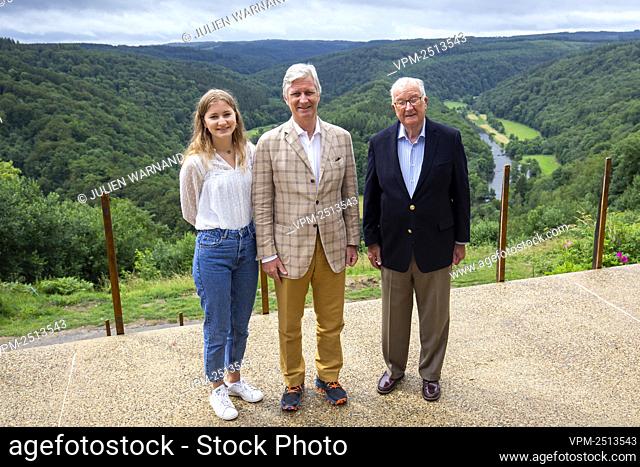 Crown Princess Elisabeth, King Philippe - Filip of Belgium and King Albert II of Belgium pose for the photographer at the 'Tombeau du Geant' view in Botassart
