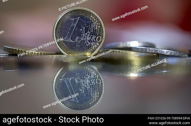 ILLUSTRATION - 23 October 2023, Saxony, Leipzig: A 1-euro coin stands on a table, surrounded by other euro coins. Photo: Hendrik Schmidt/dpa
