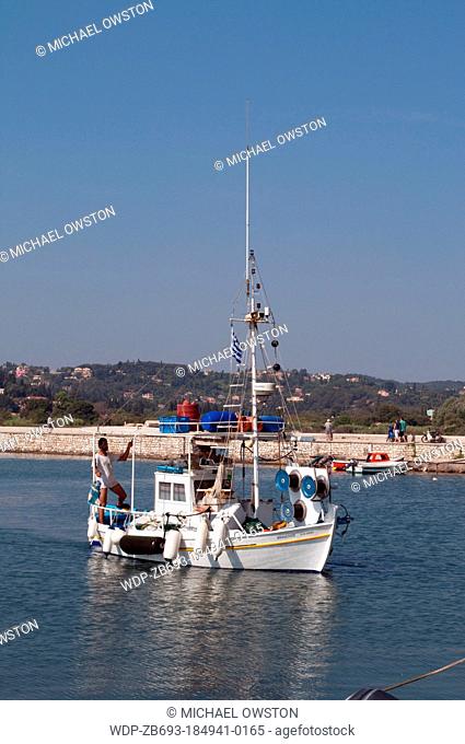 fishing boat off causeway Perama to Kanoni Corfu Greece