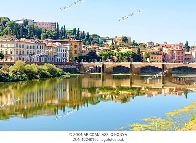 The bridge Ponte alle Grazie over the Arno river and a stretch of the south bank - Florence, Tuscany, Italy