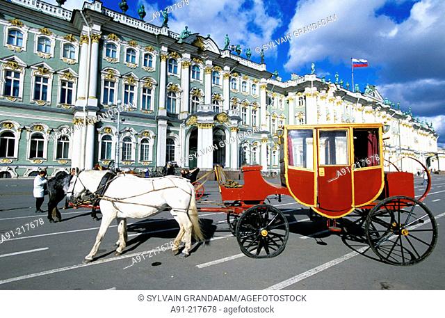Barouche in front of Hermitage Museum in Winter Palace. St. Petersburg. Russia