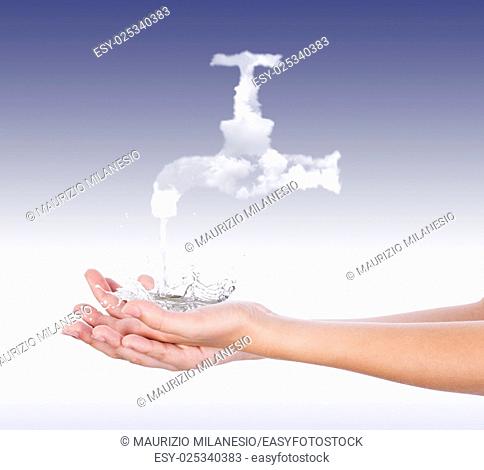 From a tap made of white clouds, pouring water on the palms splashing in all directions, in front of a blue background