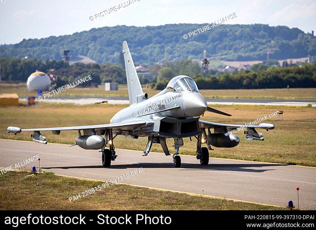 15 August 2022, Bavaria, Neuburg An Der Donau: A German Eurofighter prepares for takeoff at Neuburg Air Base. As part of the ""Rapid Pacific 2022"" project