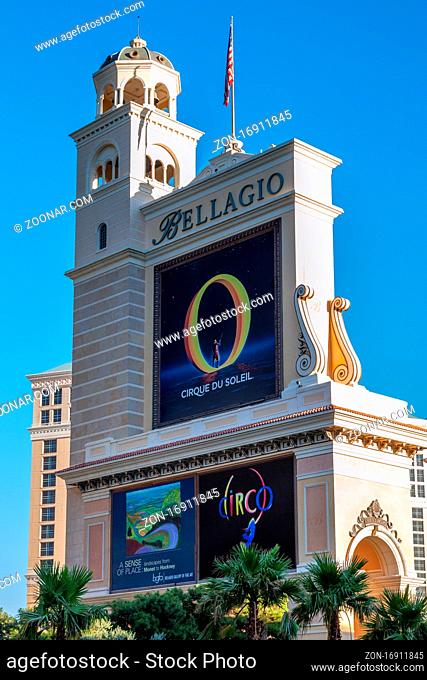 LAS VEGAS, NEVADA/USA - AUGUST 1 : View of the Bellagio Hotel sign and tower at sunrise in Las Vegas on August 1, 2011