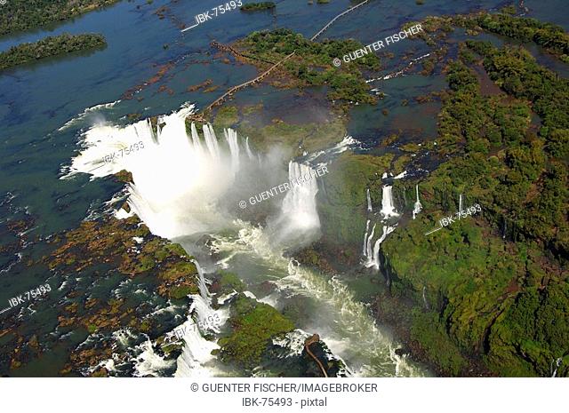 Devil's throat Iguazu Waterfalls aerial view observations platform Argentina centre above Brazil centre below Argentina Brazil
