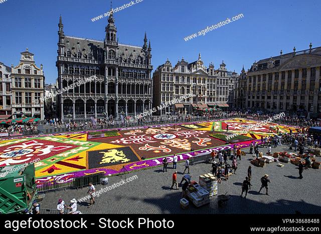 The last hand is put to the 50th edition of the Flower Carpet at The Grand Place/Grote Markt of Brussels, before it's opening today, Friday 12 August 2022
