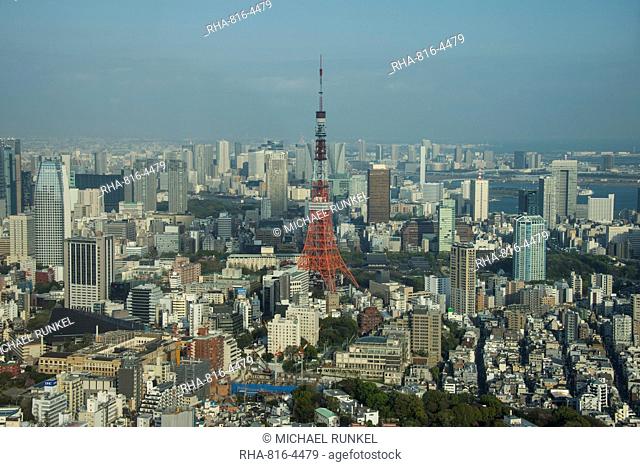 View over Tokyo with the Tokyo Tower, from the Mori tower, Roppongi Hills, Tokyo, Japan, Asia