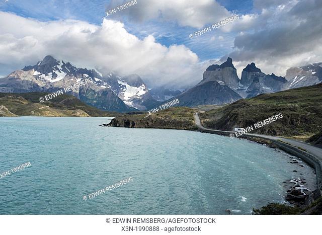 Water way and mountain ranges in Torres del Paine National Park Chile