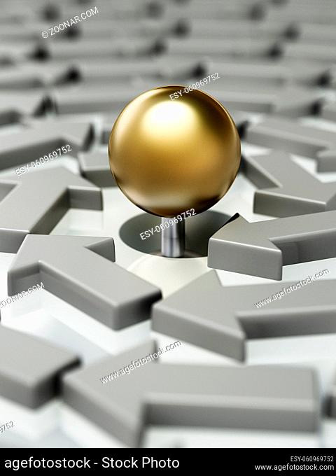 Gold sphere standing at the center of white rotating arrows in helix form. 3D illustration